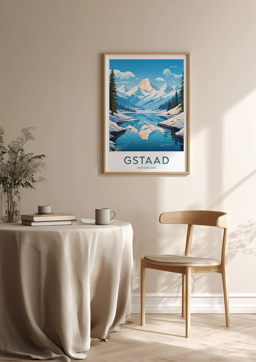 Alpine print with pine trees, winter reflection, and blue skies