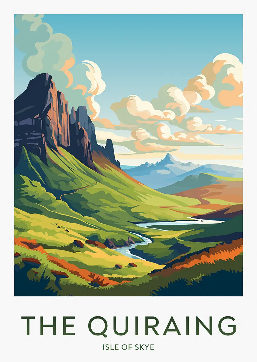 The Quiraing Isle of Skye travel poster with dramatic cliffs and winding river
