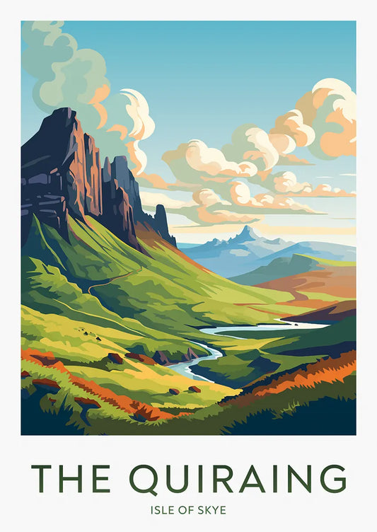 The Quiraing Isle of Skye travel poster with dramatic cliffs and winding river