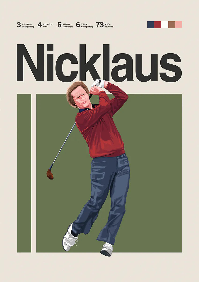 Jack Nicklaus poster showing classic swing in red sweater and navy pants