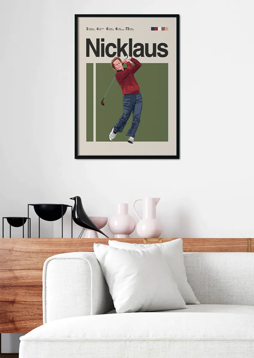 golf wall art of Jack Nicklaus mid-motion with olive green background