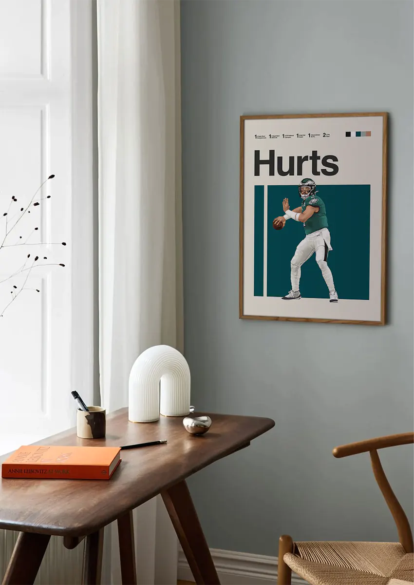 Teal NFL quarterback wall art featuring Jalen Hurts