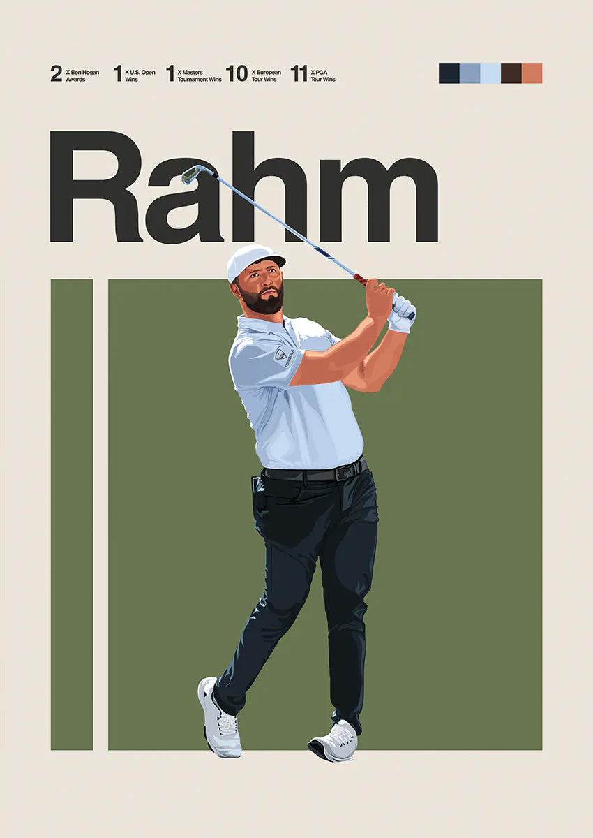 Jon Rahm poster showing powerful golf swing in light blue shirt and black pants