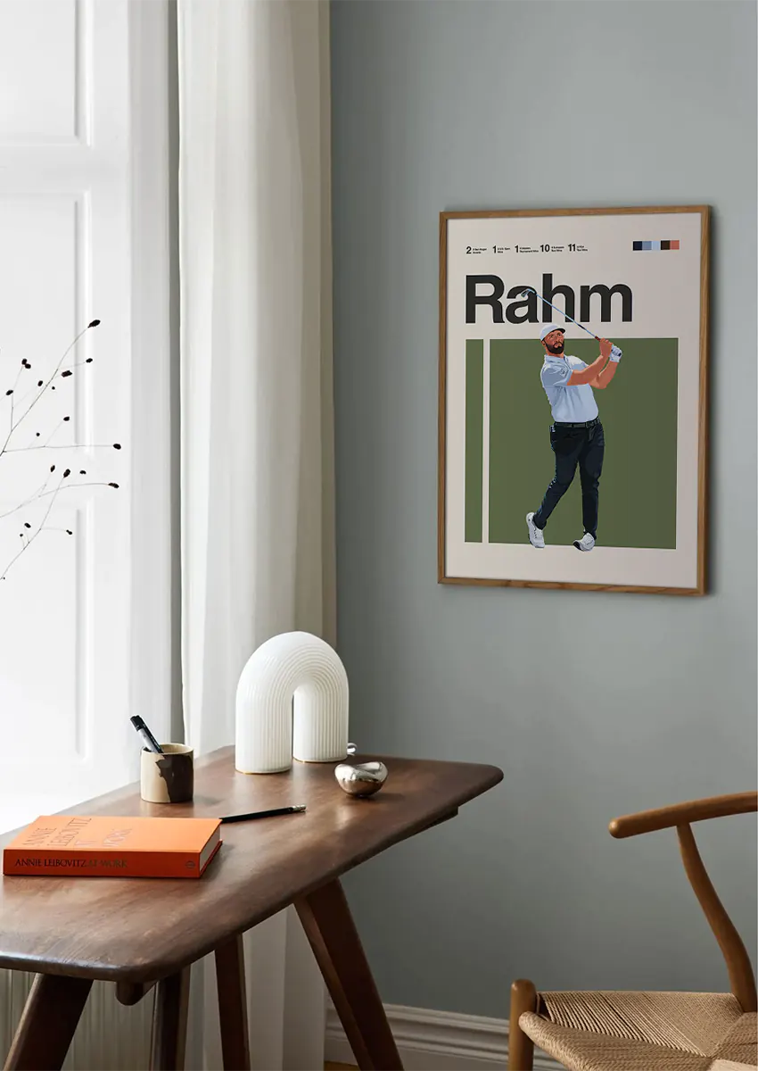 golf wall art featuring Jon Rahm in mid-swing with minimalist green backdrop