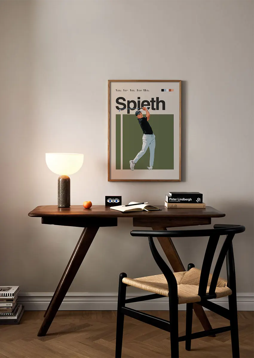 golf wall art of Jordan Spieth mid-motion with olive and beige minimalist design