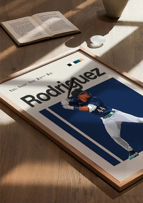 navy and emerald green sports art of julio rodriguez
