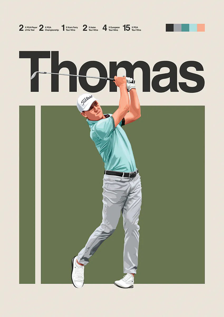 Justin Thomas golf swing poster in mint green and gray outfit with Titleist gear