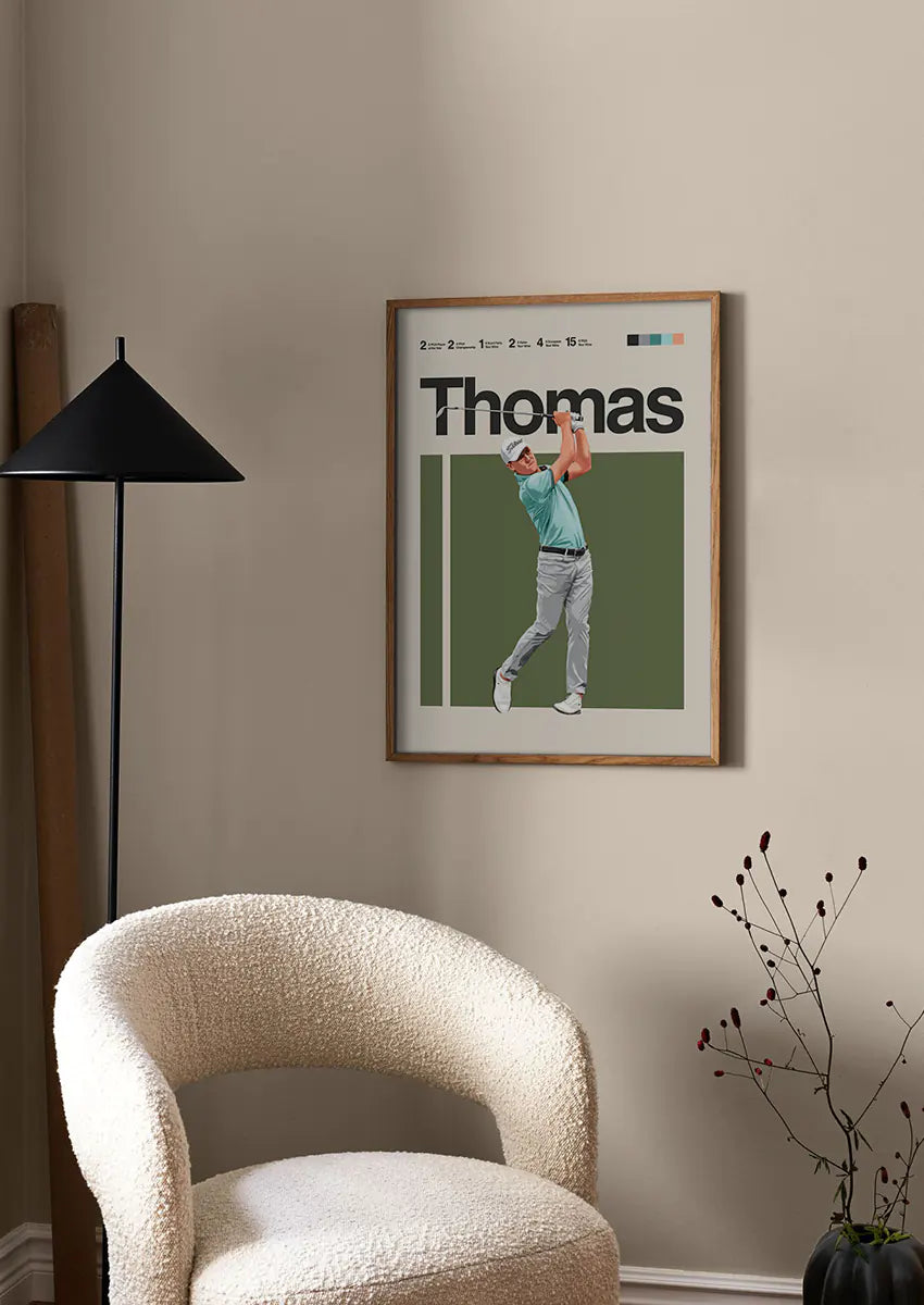 modern PGA wall art of Justin Thomas against olive green background