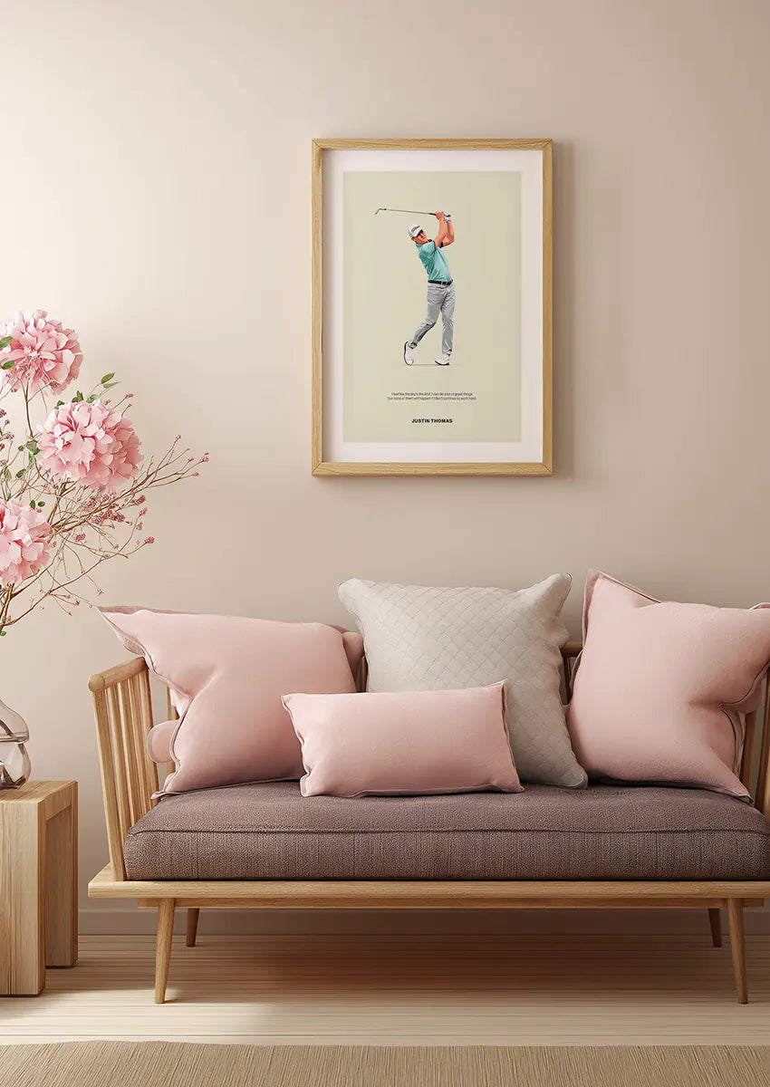 Minimalist golf art print featuring Justin Thomas and inspirational quote