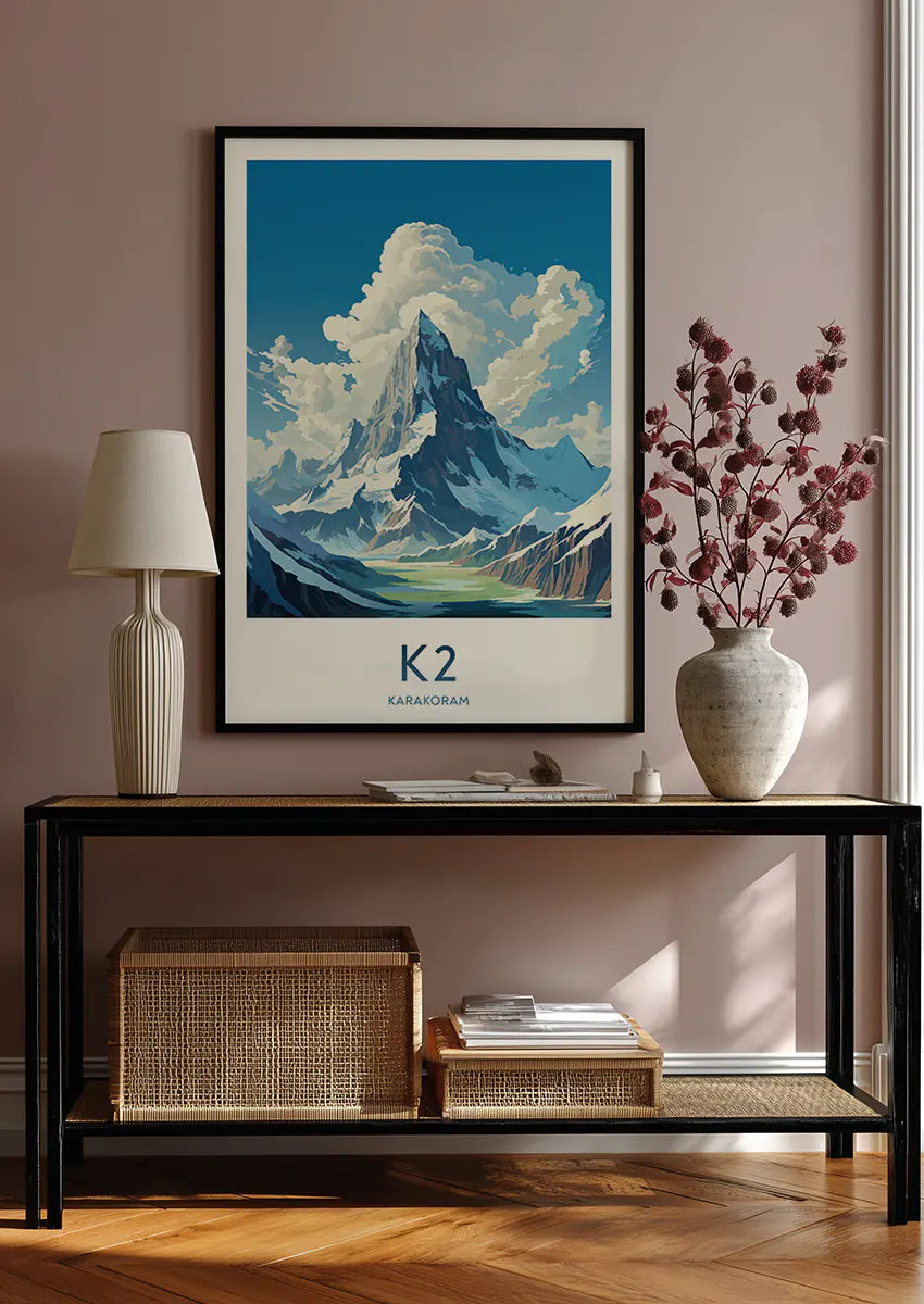 Snow-covered peak of K2 in bold blue tones wall art print
