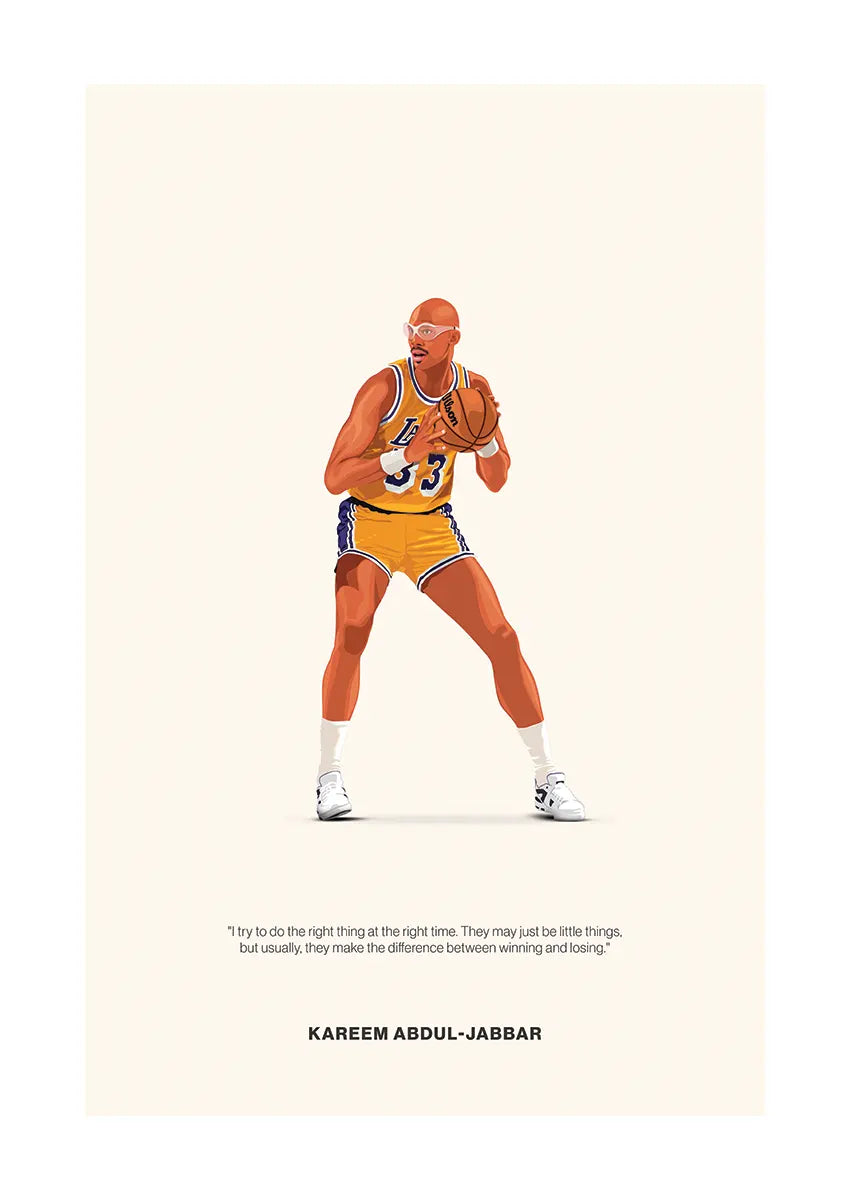 Kareem Abdul-Jabbar Lakers poster with quote about timing and decision-making