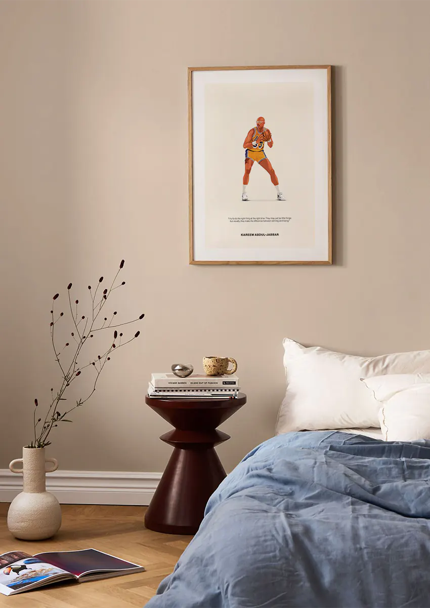 NBA legend wall art featuring Kareem Abdul-Jabbar in vintage yellow uniform