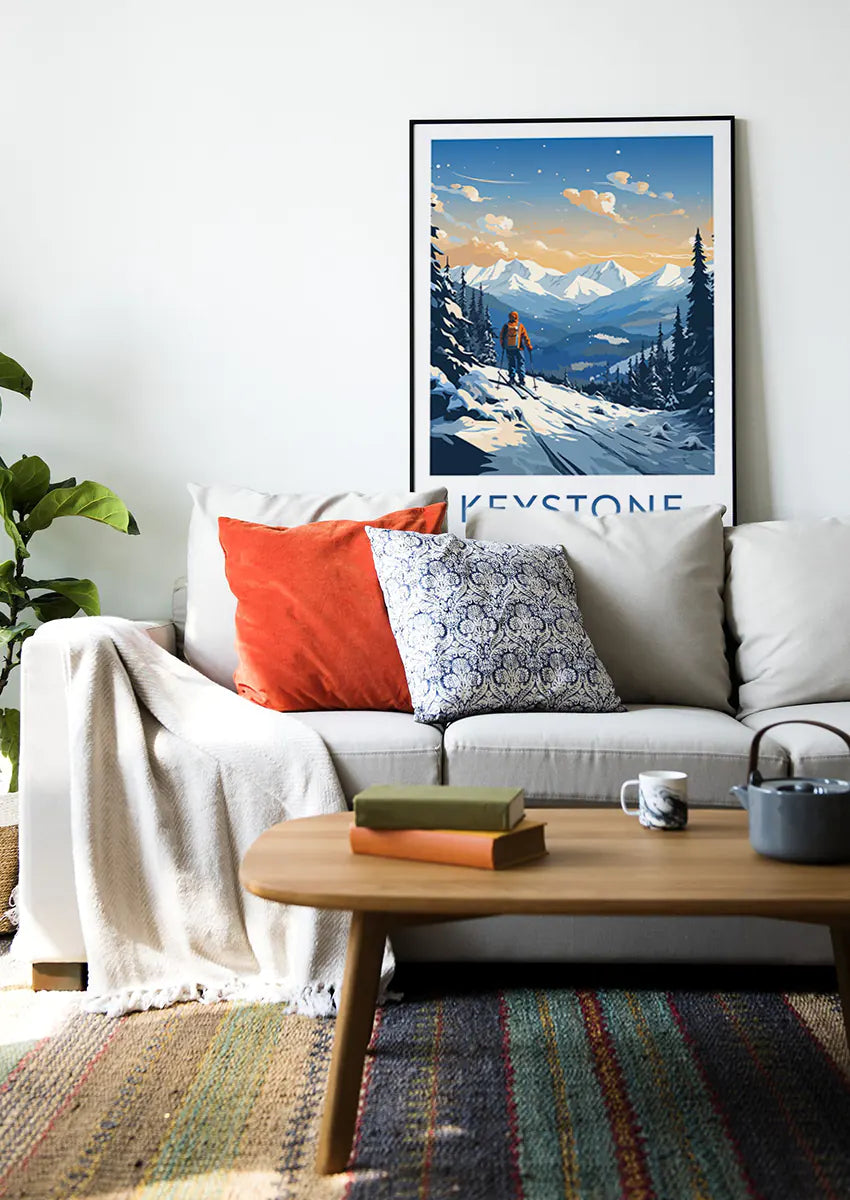 colorado winter landscape wall art with skier and alpine sunset view
