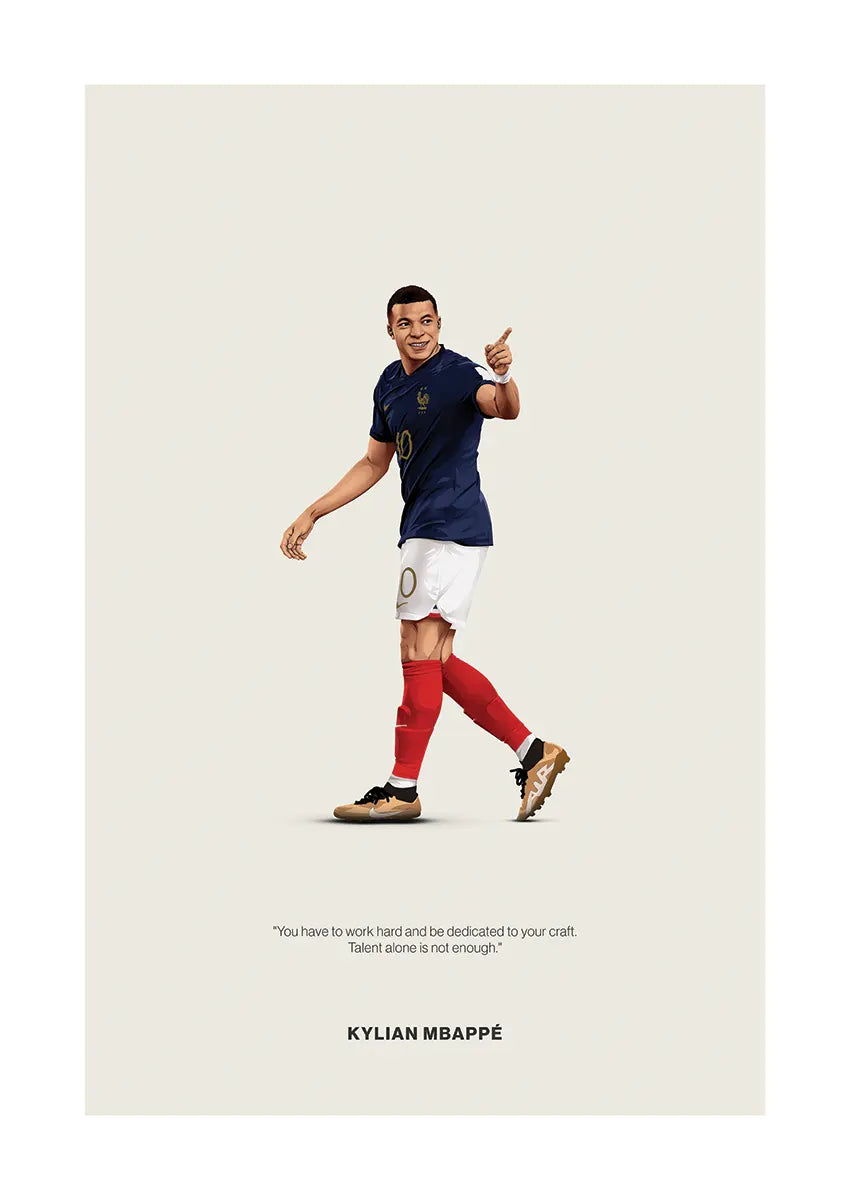 Kylian Mbappé France football poster with motivational quote on hard work