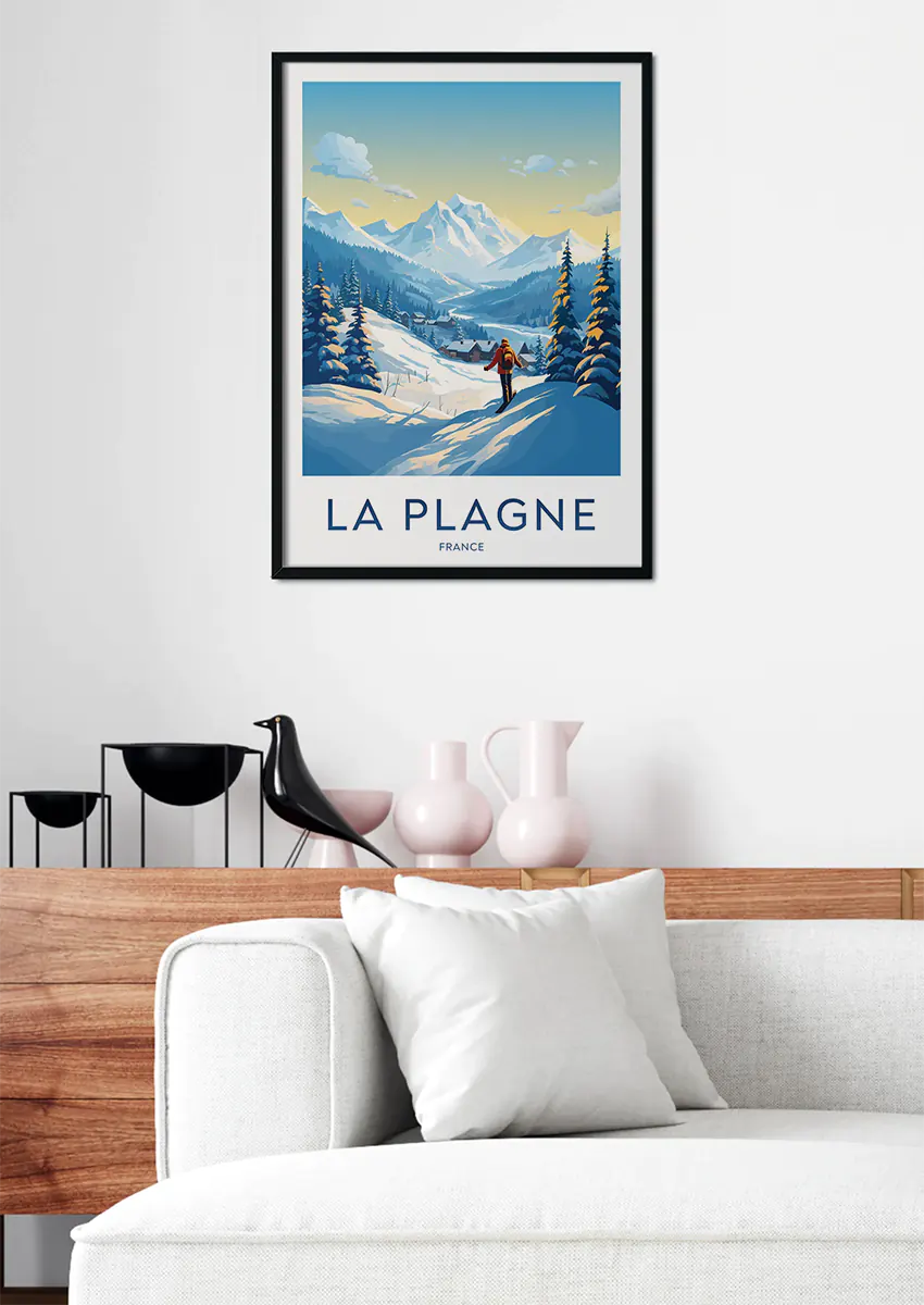 french alps winter wall art print featuring mountains and village