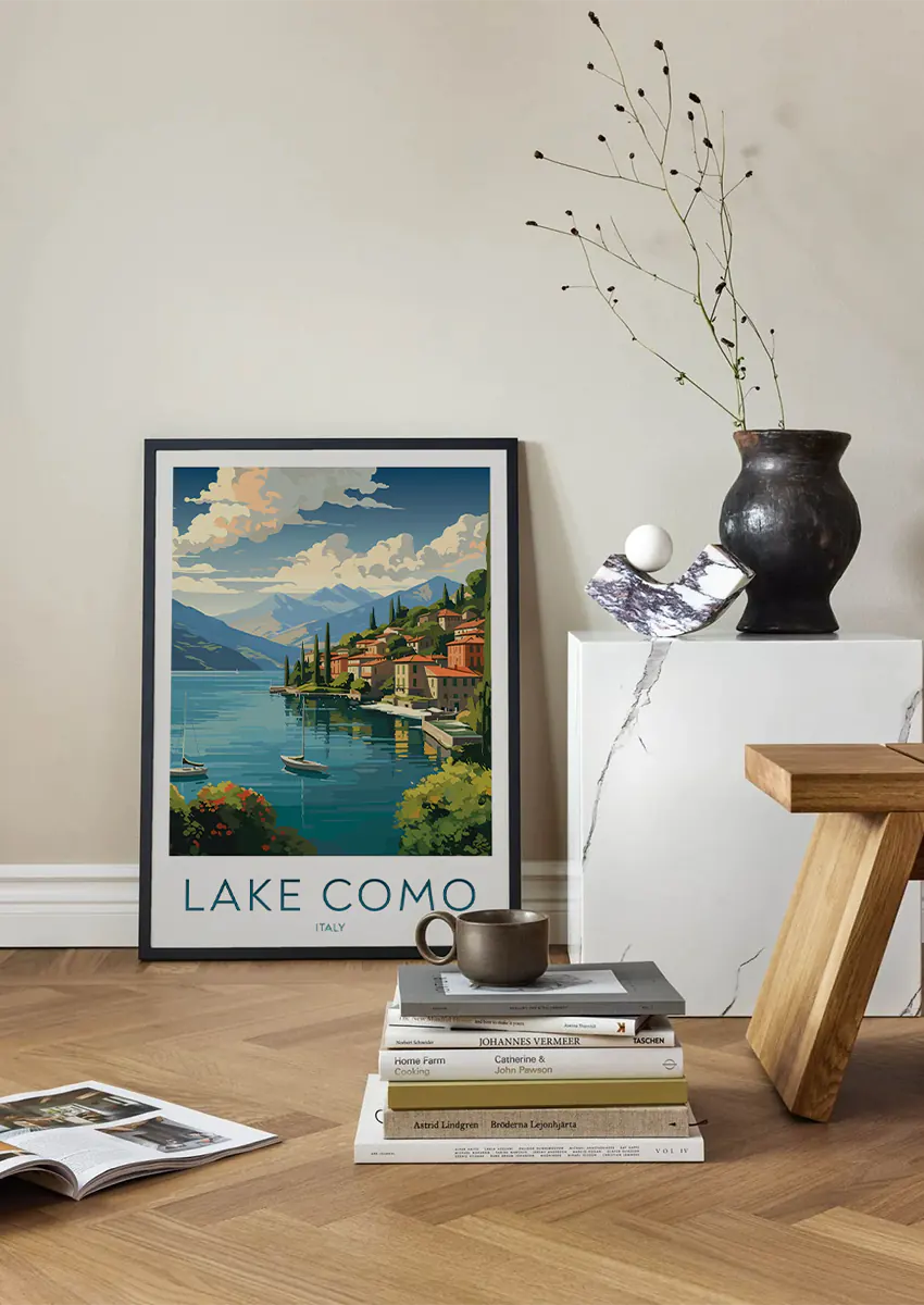 italy lake wall art print featuring mountains rooftops and boats