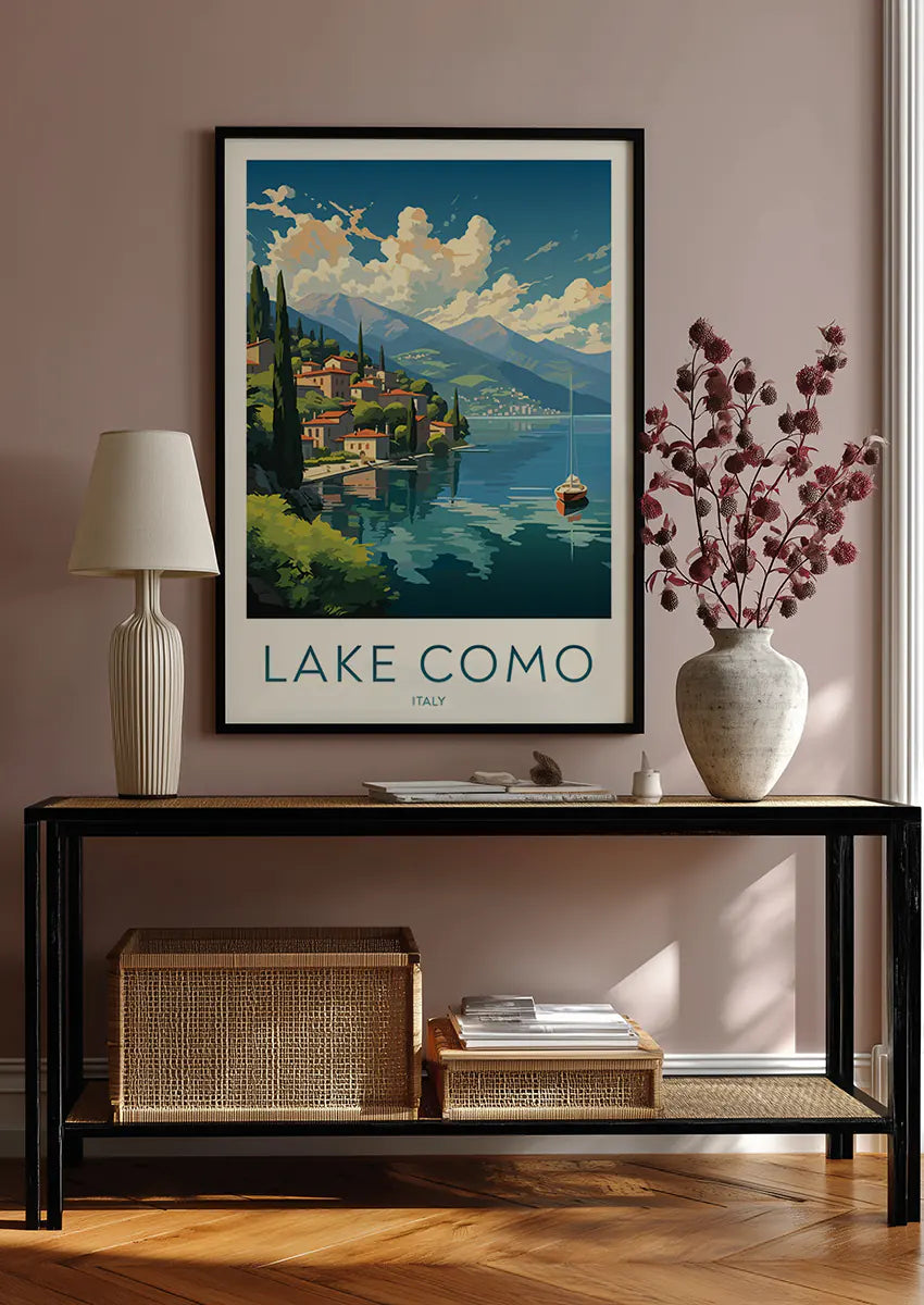 italy mediterranean wall art print featuring varenna architecture and water reflections