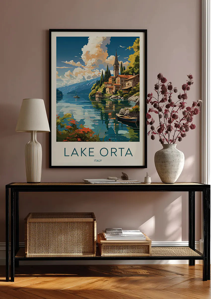 italy lake wall art print featuring church boats and mediterranean scenery