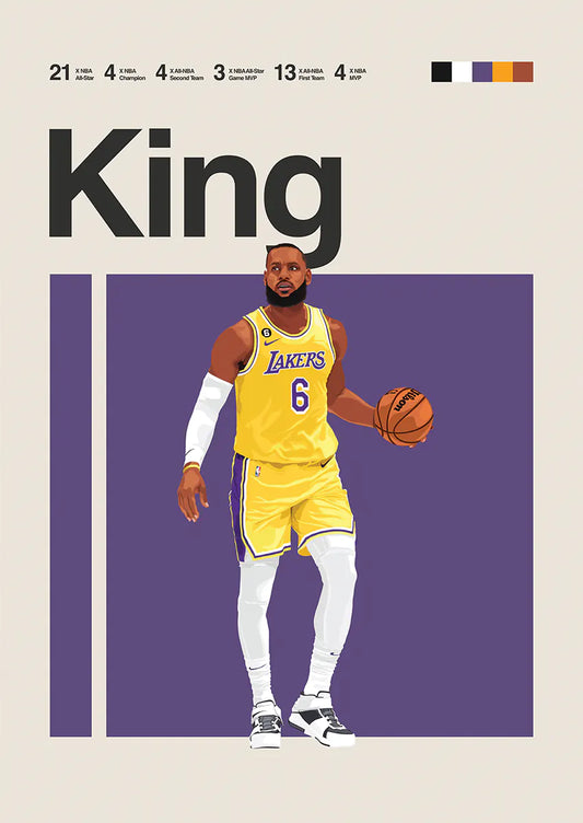 LeBron James poster featuring Lakers uniform and career highlights