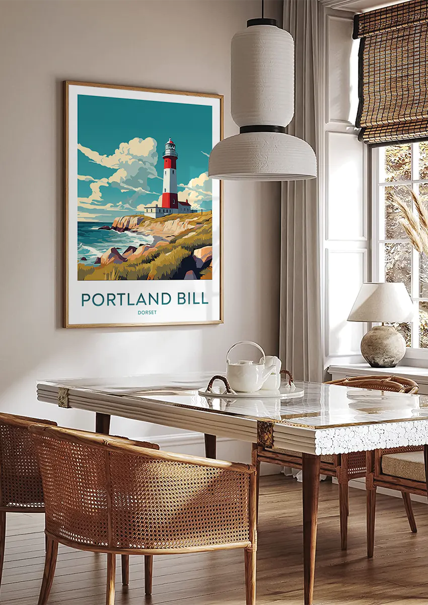 Dorset England travel print featuring red and white lighthouse on the shore