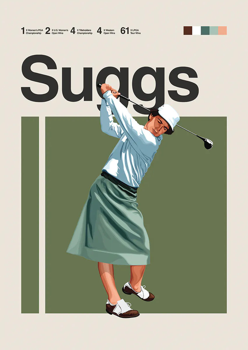 Louise Suggs golf swing poster with sage green vintage outfit