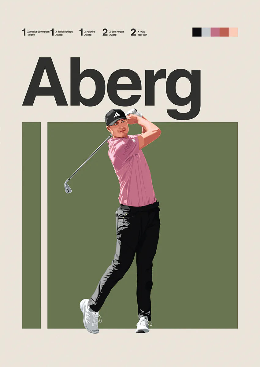 Ludvig Aberg poster showing golf swing in pink shirt against olive background