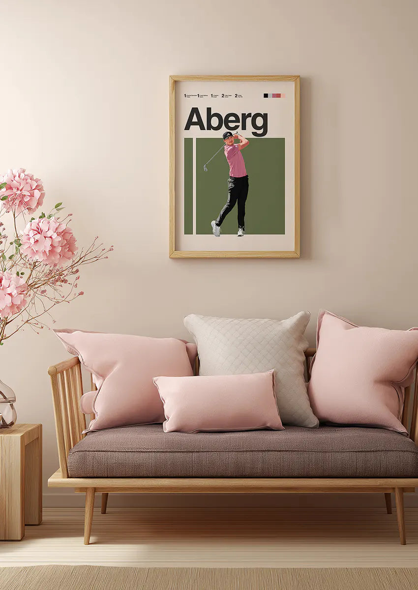 Ludvig Aberg minimalist golf wall art with black pants and modern design