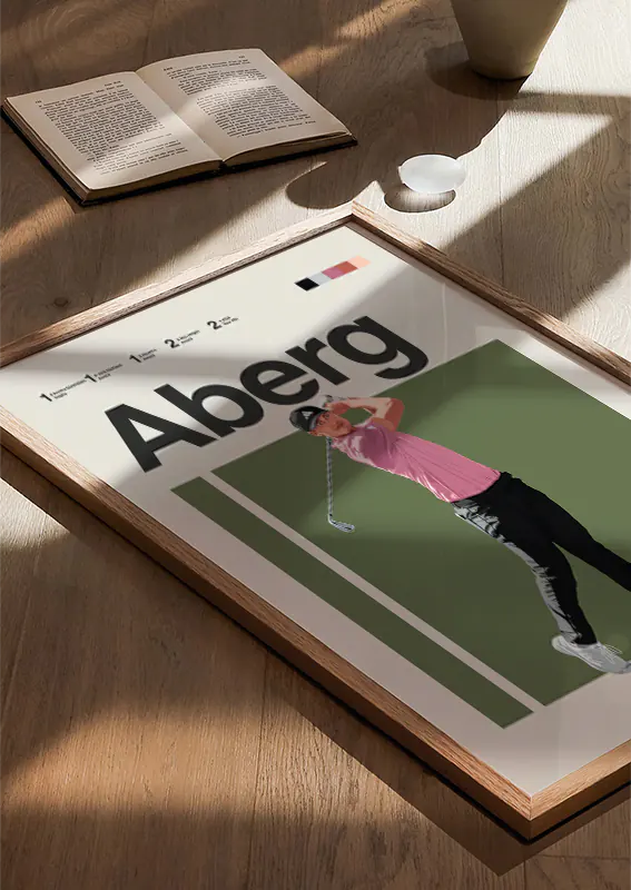 close-up illustration of Ludvig Aberg mid-follow-through for sports decor