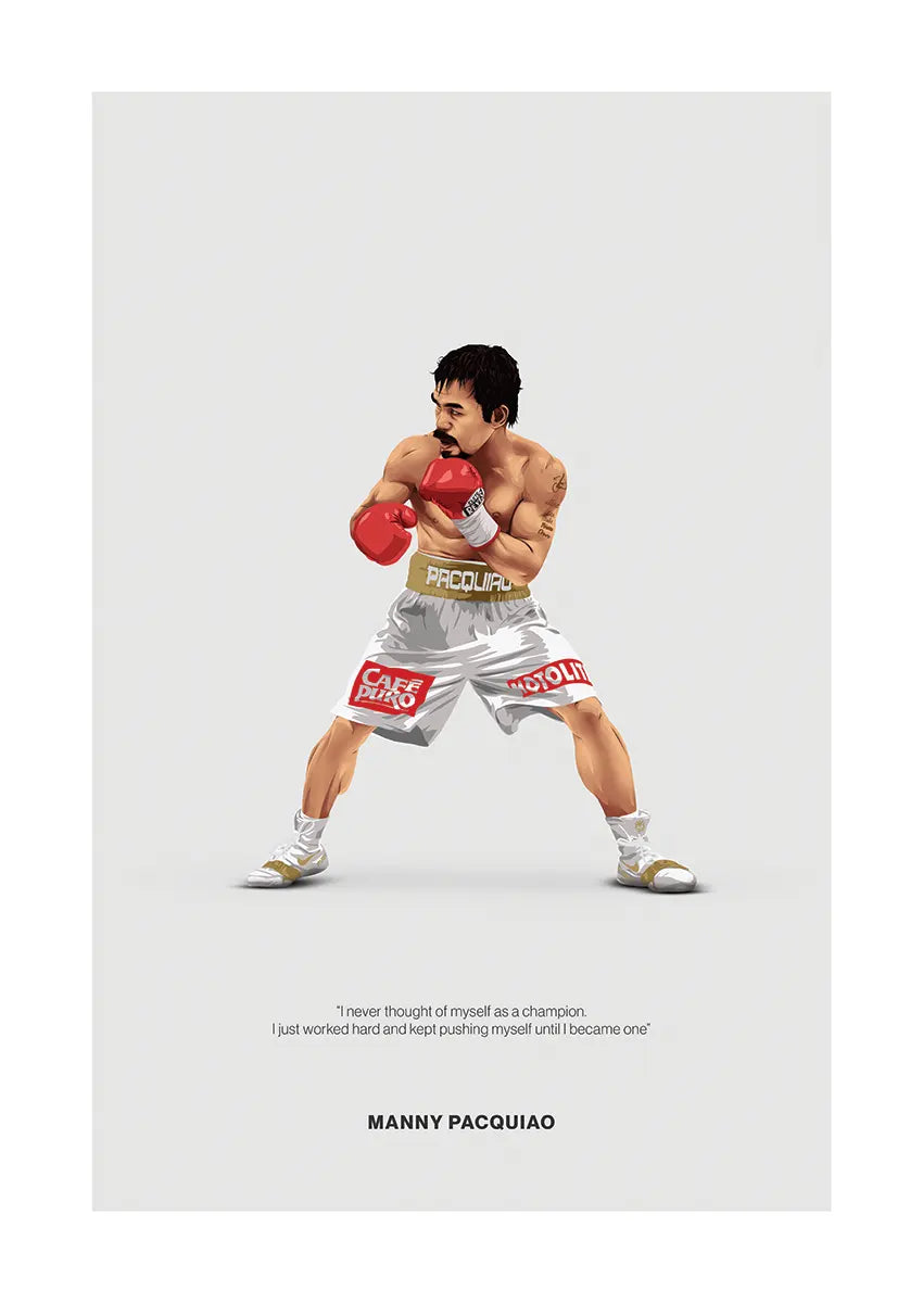 Manny Pacquiao boxing poster in white trunks and red gloves with motivational quote