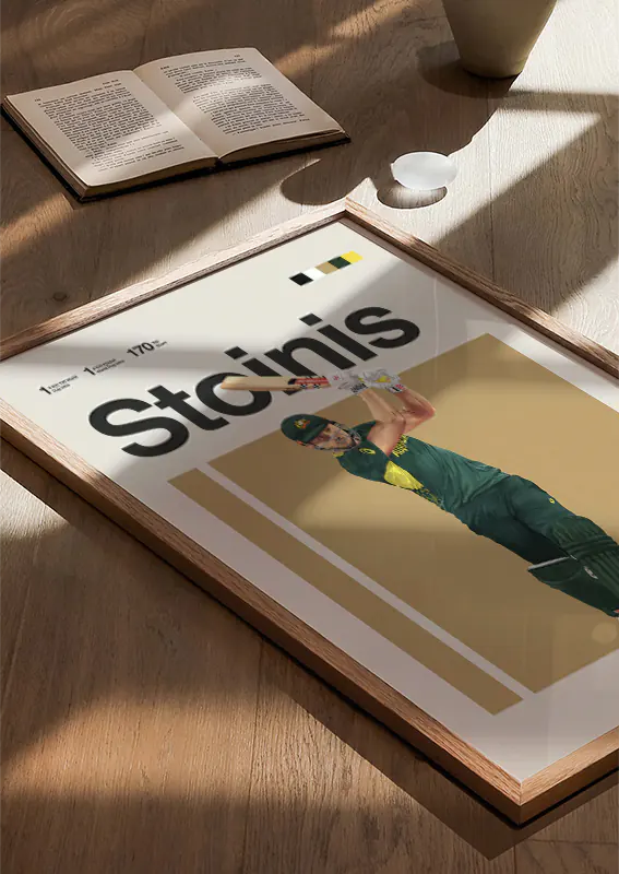 australian cricket star marcus stoinis poster with beige background
