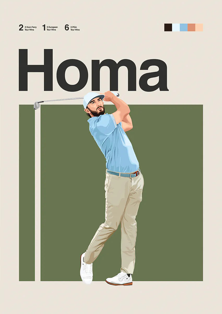 Max Homa poster with calm golf swing artwork in beige and light blue