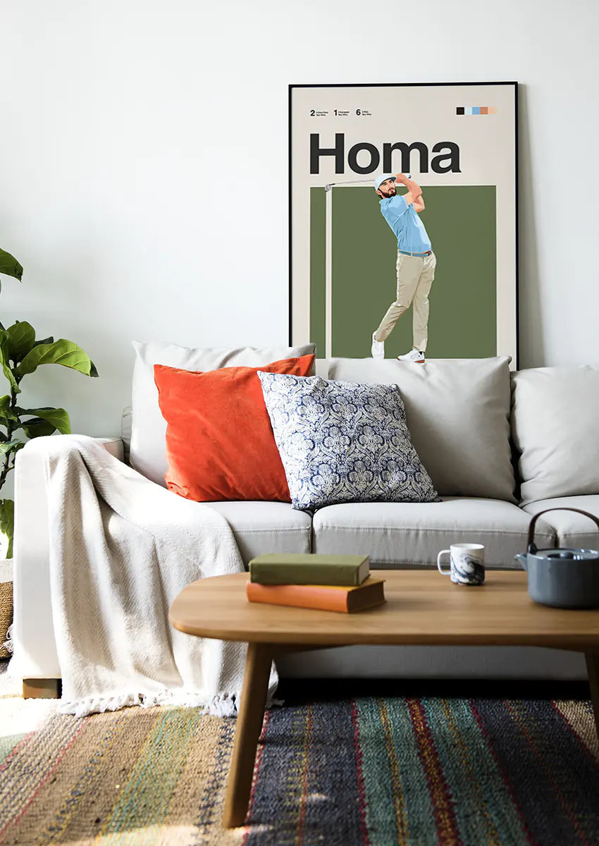 modern golf art print featuring Max Homa mid-swing in soft green background