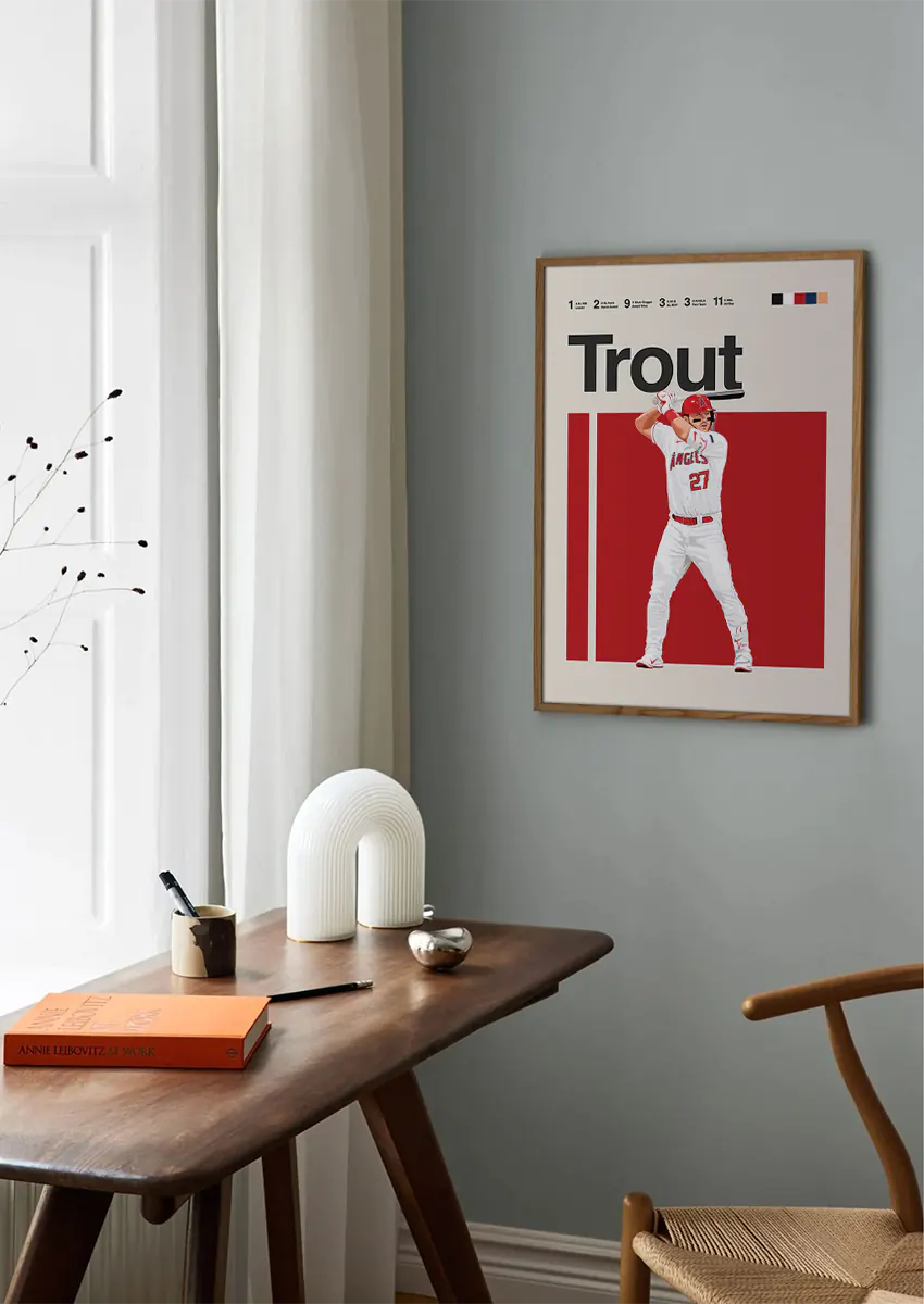 mike trout wall art for sports fans in red white and beige tones