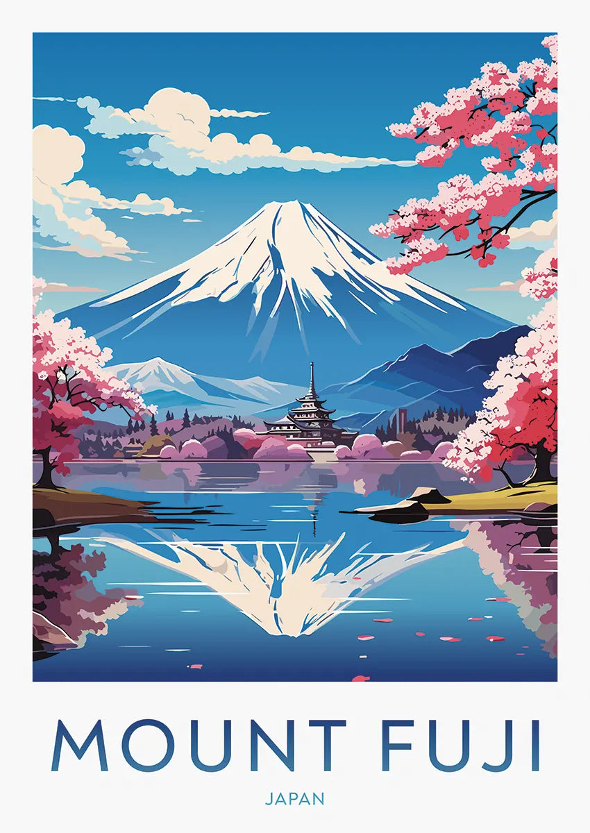 mount fuji poster with cherry blossoms and reflection