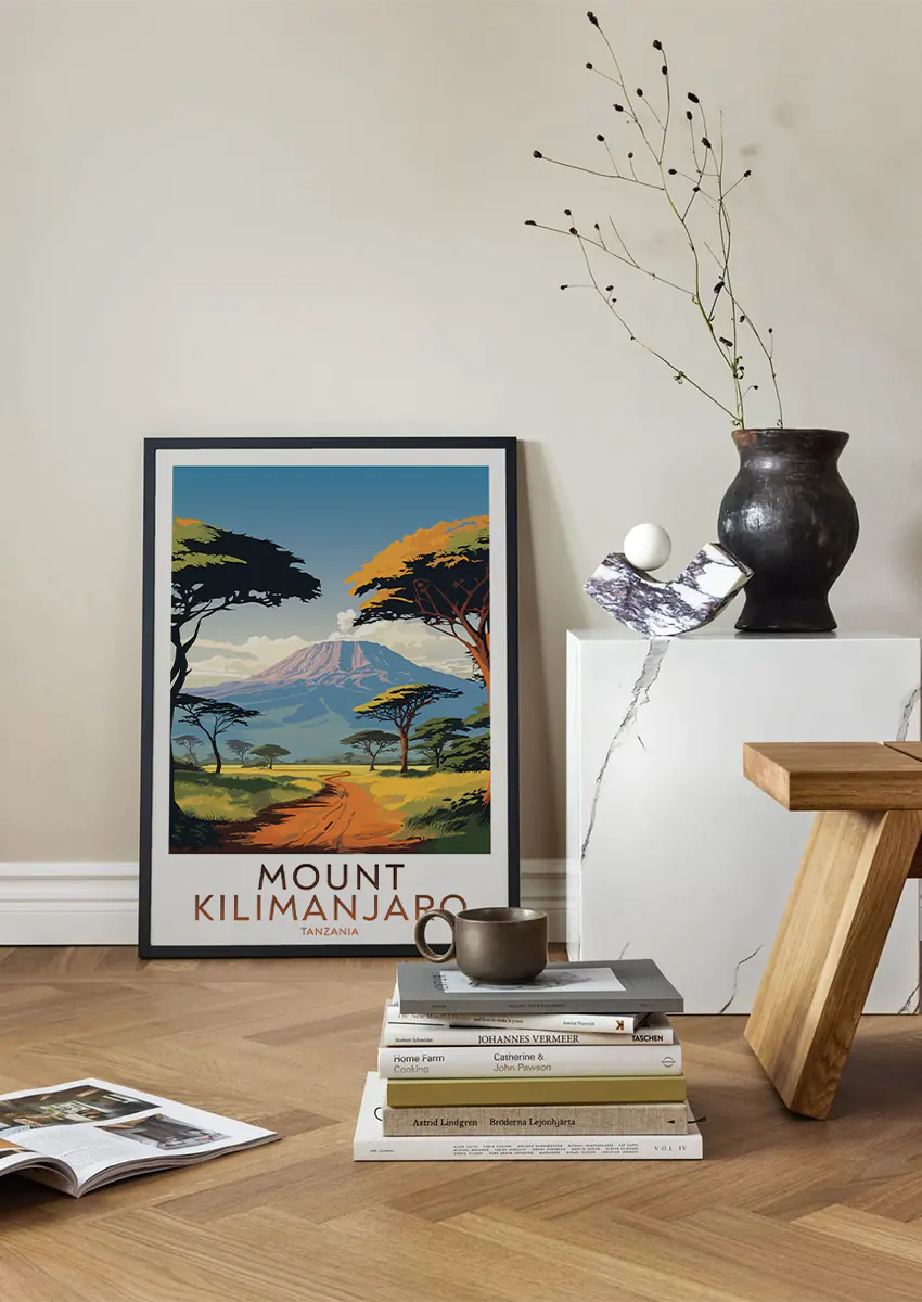 tanzania wall art with red trail and mountain landscape