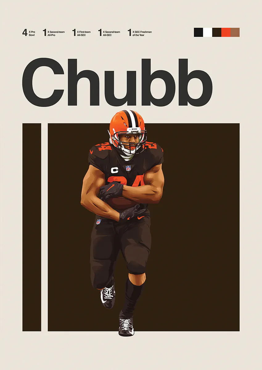 Nick Chubb poster with dark brown football background