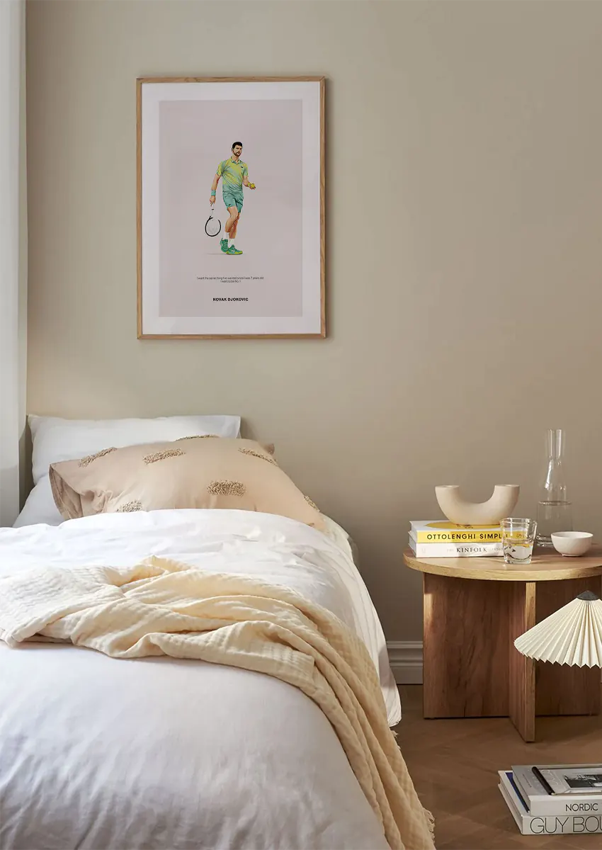Modern tennis print featuring Novak Djokovic in green match attire