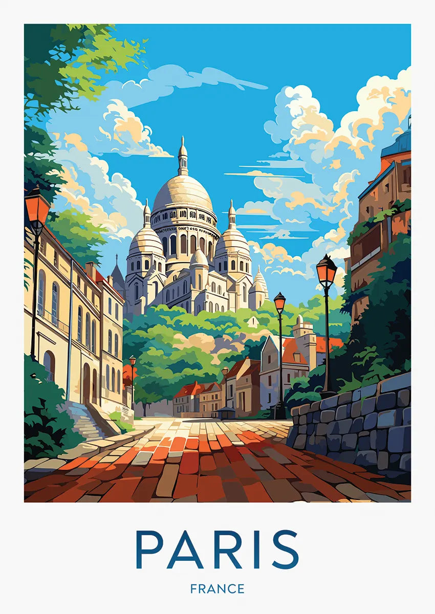 Paris travel poster featuring Sacré-Cœur Basilica in Montmartre