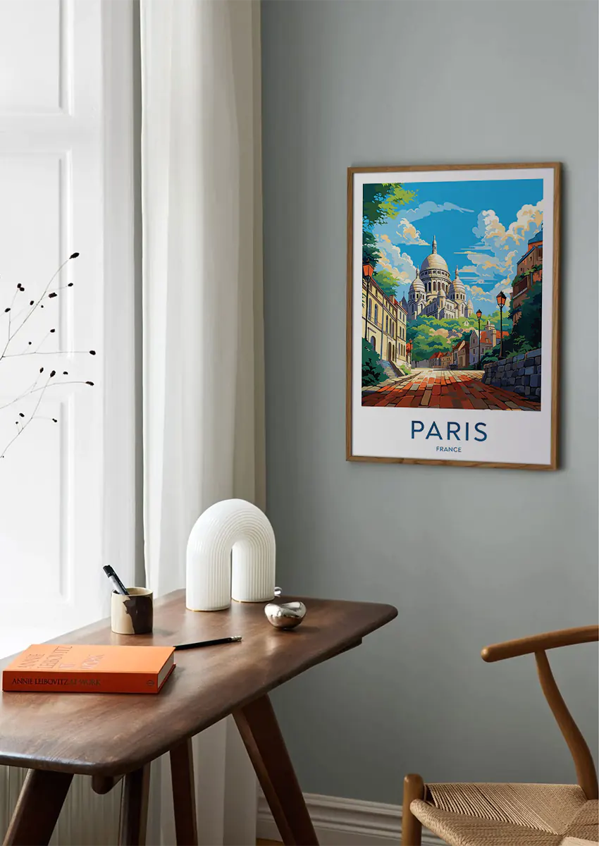 Colorful Paris cityscape print with vintage architecture and cobblestone street
