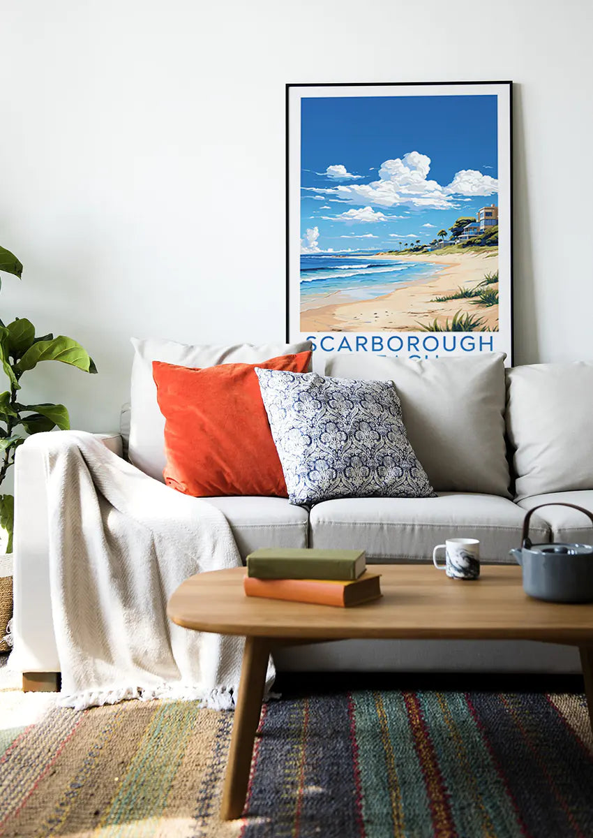 Australian coastal wall art featuring palm trees and bright blue sky