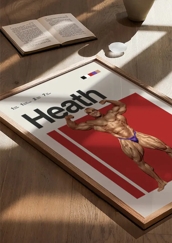 Red background muscle print showcasing Phil Heath at peak