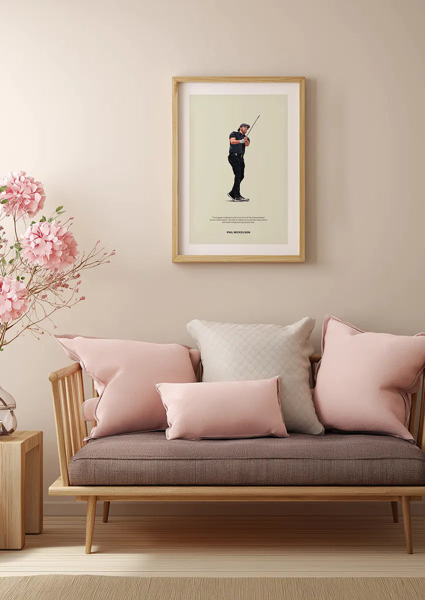 Motivational golf wall art featuring Phil Mickelson in black outfit