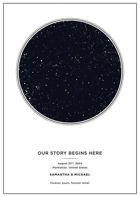 Our Story Begins Here custom star map poster with night sky and personalized details