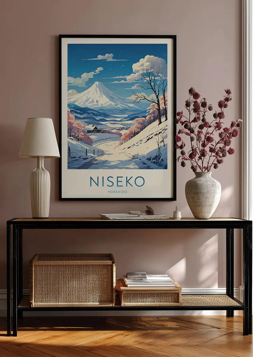 snowy japan mountain village art print for ski and travel lovers