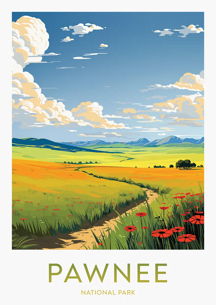 Pawnee National Park poster with golden prairie and red wildflowers