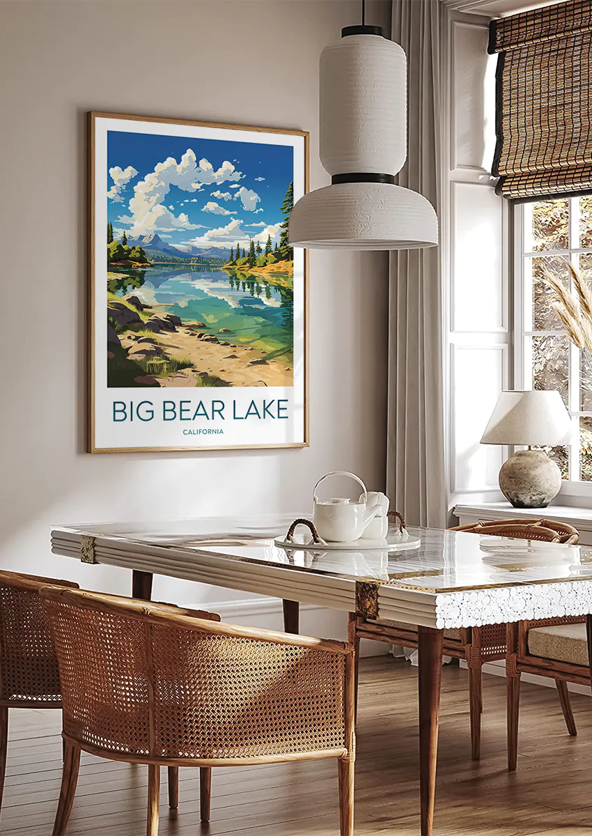 California lake wall art featuring clouds, calm water, and sandy beach