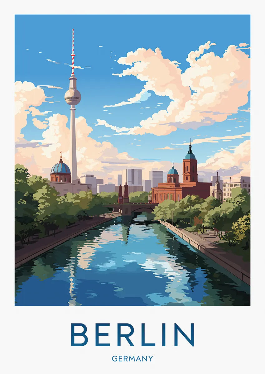 Berlin travel poster featuring Spree River and Fernsehturm tower skyline