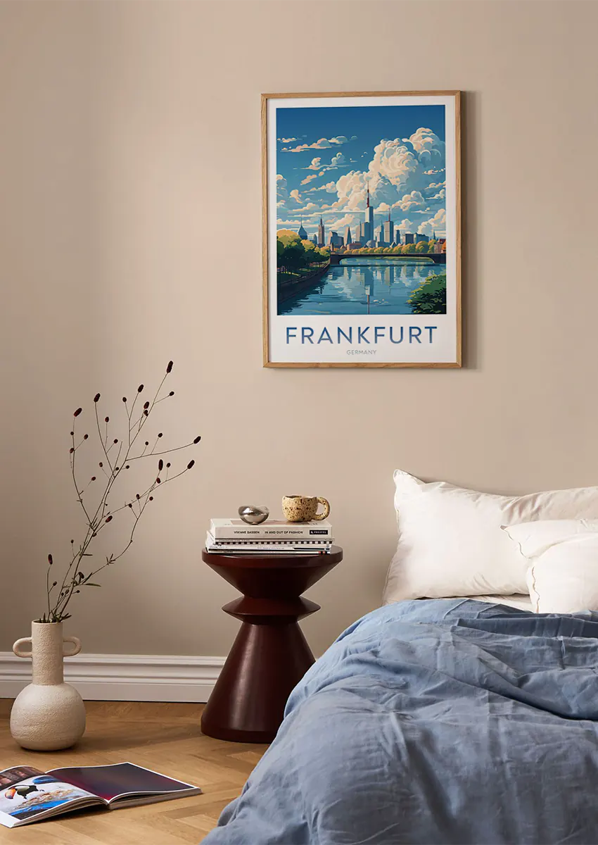 Travel wall art featuring Main River, bridge, and modern buildings