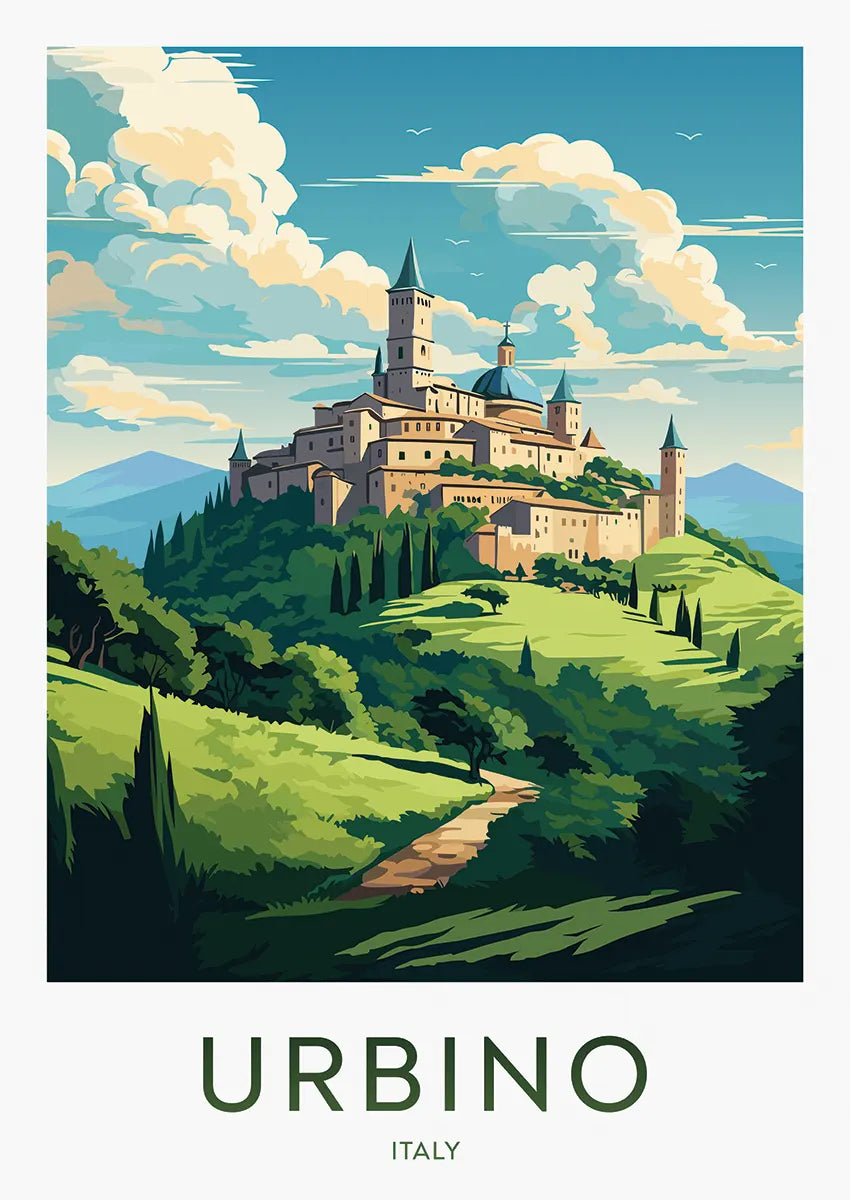 Urbino Italy poster with countryside and Renaissance town