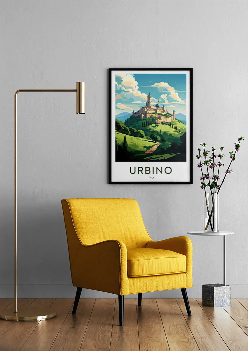 Italian travel print of hilltop city and Tuscan-style landscape